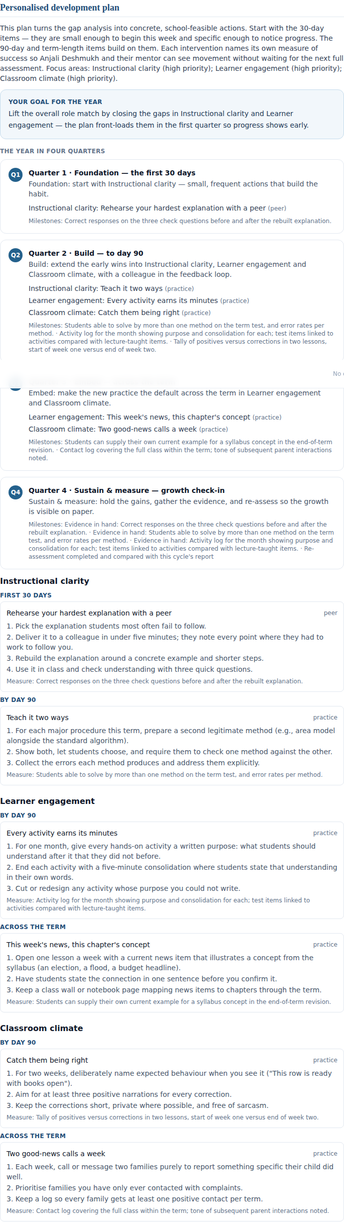 Report section: Personalised development plan
